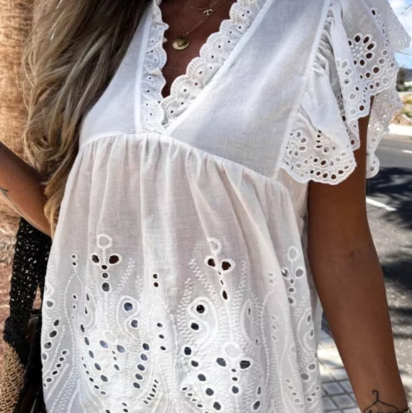 🇺🇸 New boutique Cotton perforating ruffle sleeves top - Picture 6 of 11